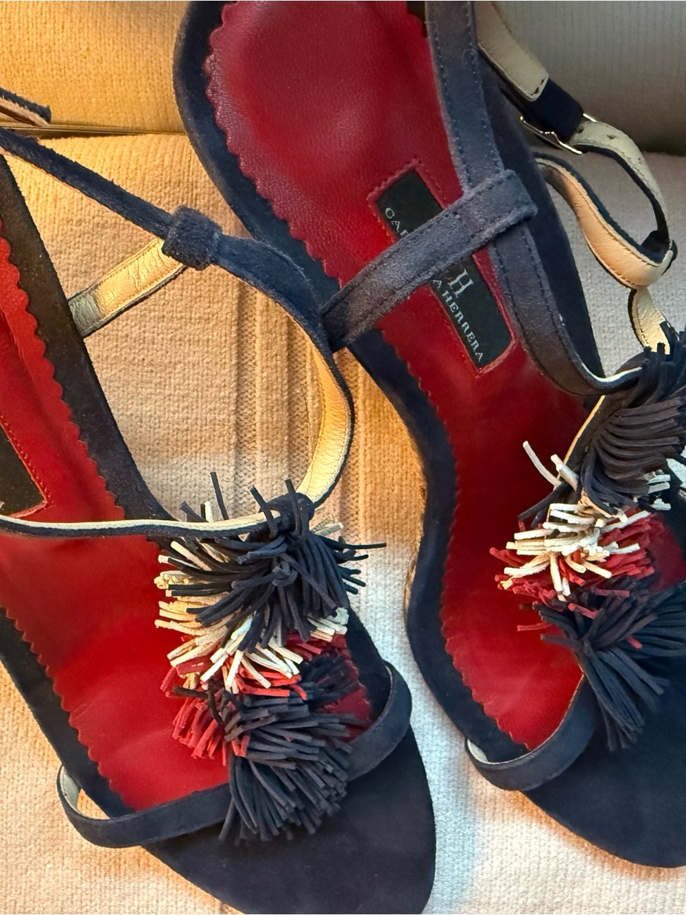 Carolina Herrera Women’s Navy Suede Tassel Sandals - Red Insole